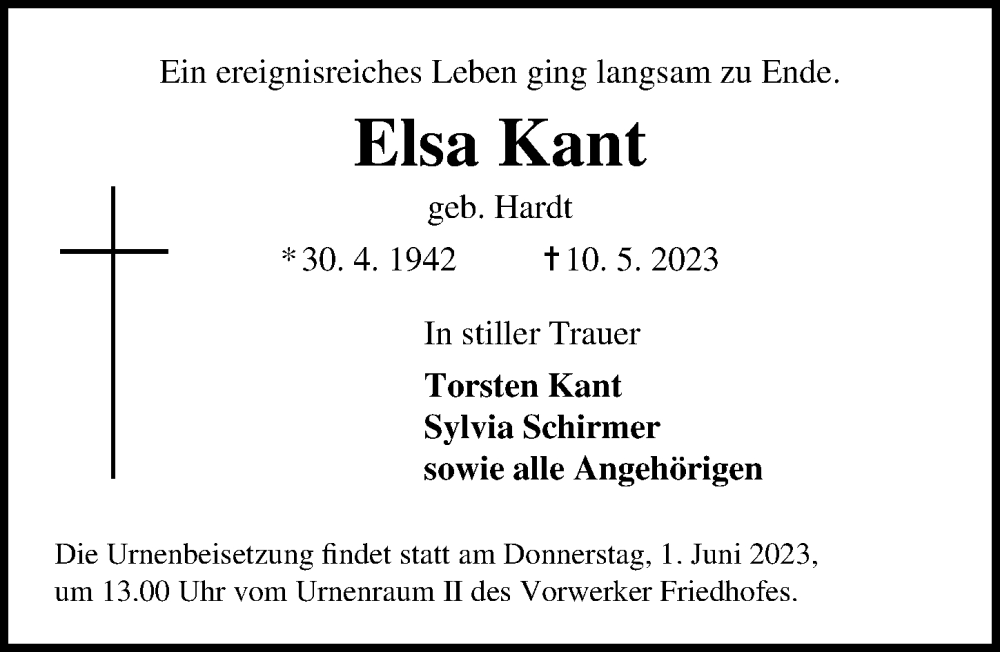  Traueranzeige für Elsa Kant vom 28.05.2023 aus Lübecker Nachrichten
