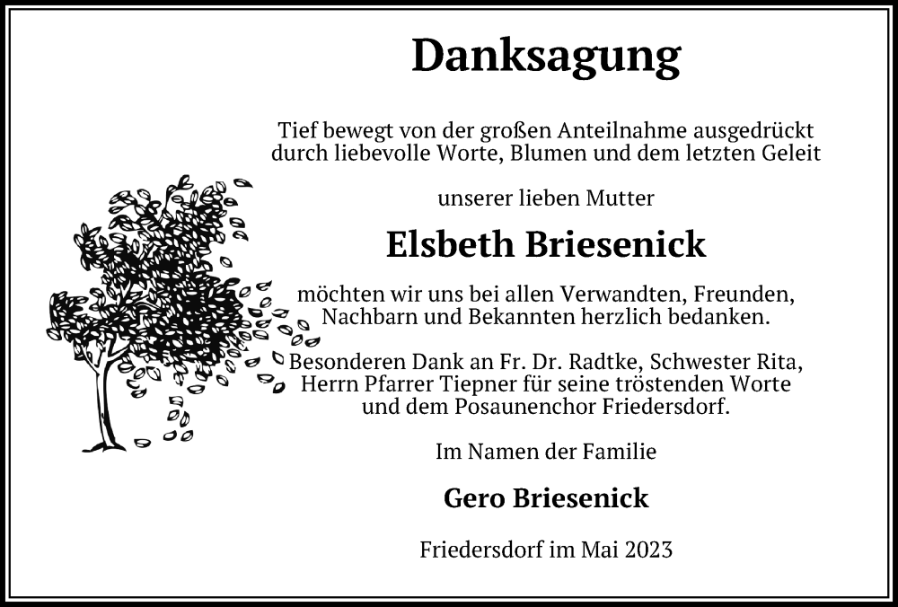  Traueranzeige für Elsbeth Briesenick vom 20.05.2023 aus Märkischen Allgemeine Zeitung