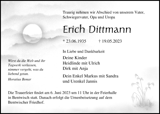 Traueranzeige von Erich Dittmann von Ostsee-Zeitung GmbH