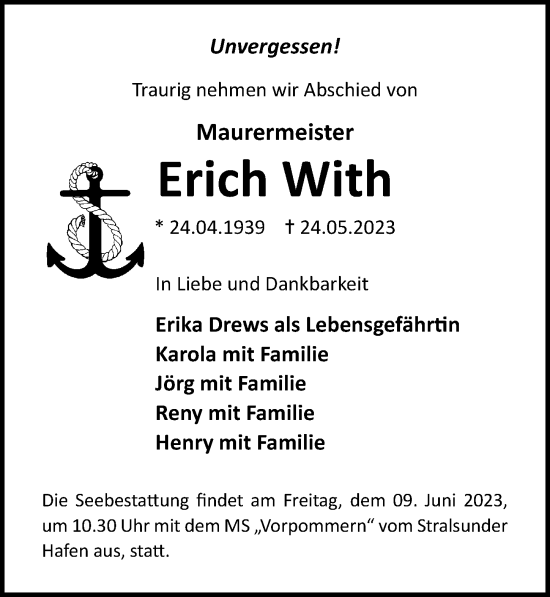 Traueranzeige von Erich With von Ostsee-Zeitung GmbH