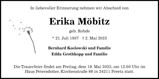 Traueranzeige von Erika Möbitz von Kieler Nachrichten