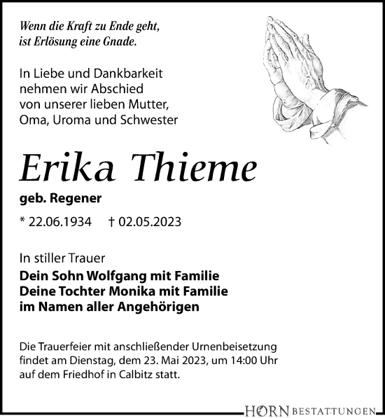 Traueranzeige von Erika Thieme von Leipziger Volkszeitung