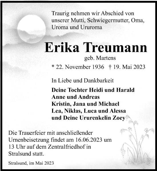 Traueranzeige von Erika Treumann von Ostsee-Zeitung GmbH