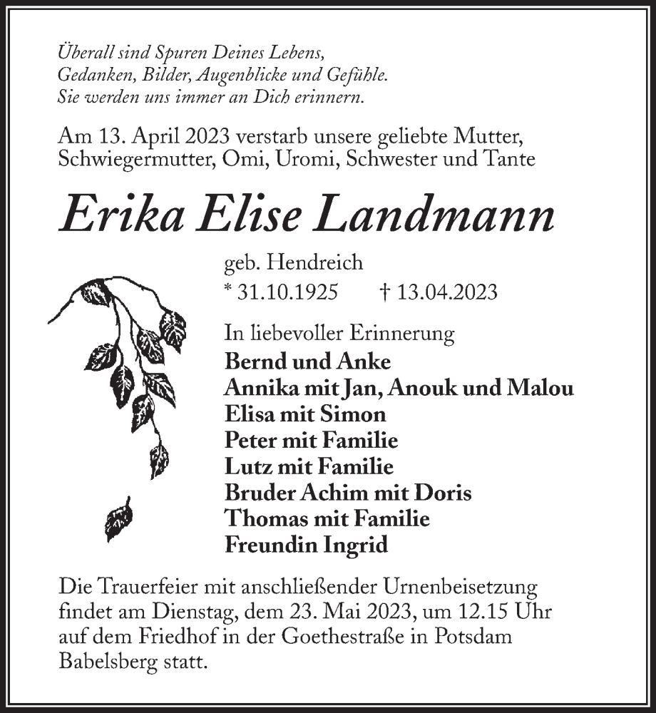  Traueranzeige für Erika Elise Landmann vom 06.05.2023 aus Märkischen Allgemeine Zeitung