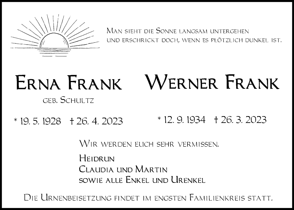 Traueranzeige für Erna Frank vom 06.05.2023 aus Kieler Nachrichten