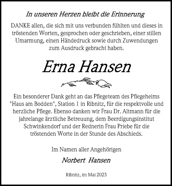 Traueranzeige von Erna Hansen von Ostsee-Zeitung GmbH