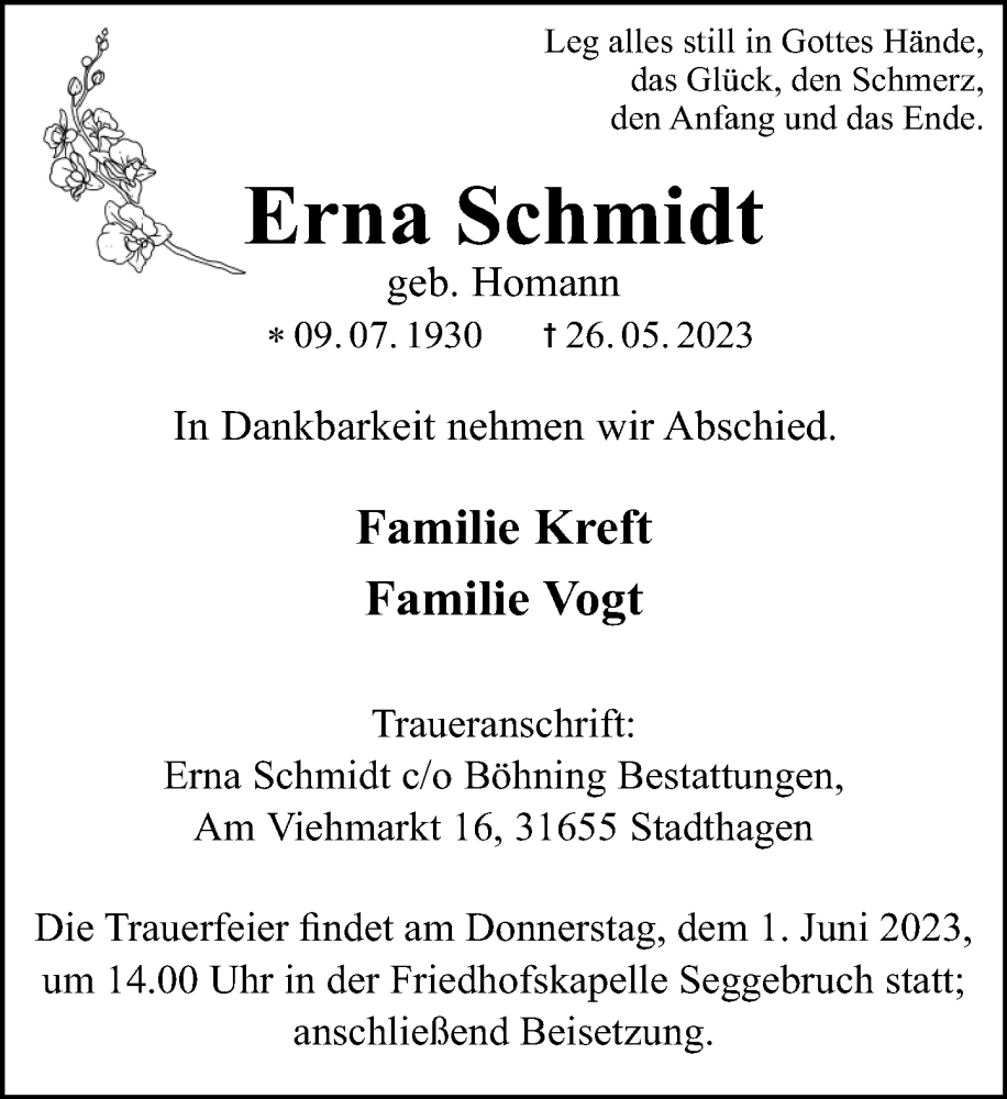  Traueranzeige für Erna Schmidt vom 31.05.2023 aus Schaumburger Nachrichten