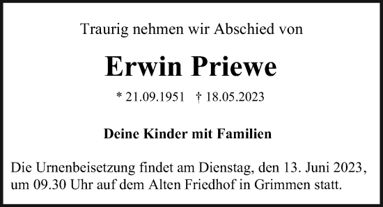 Traueranzeige von Erwin Priewe von Ostsee-Zeitung GmbH
