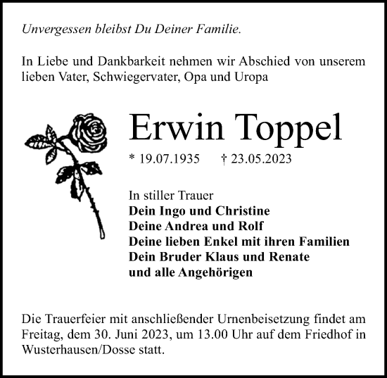 Traueranzeige von Erwin Toppel von Märkischen Allgemeine Zeitung