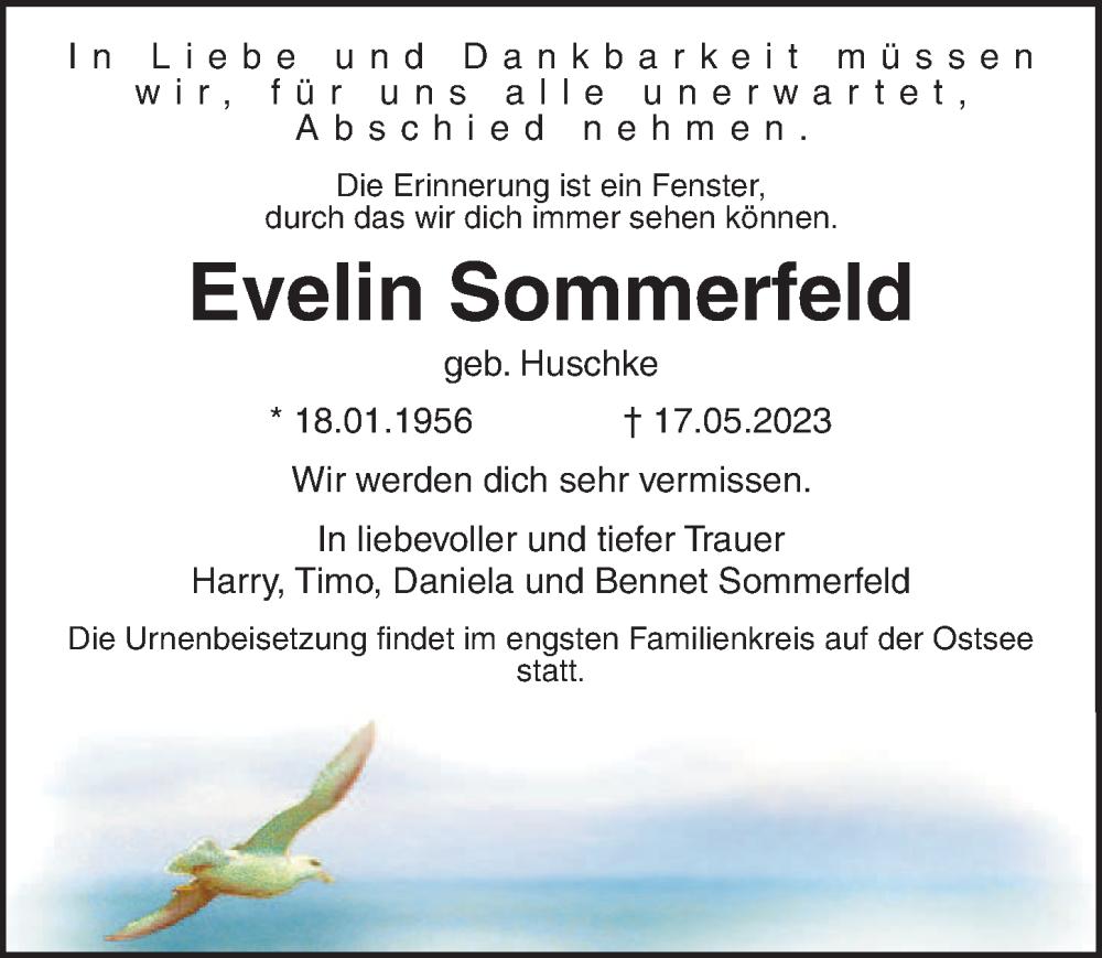  Traueranzeige für Evelin Sommerfeld vom 24.05.2023 aus Hannoversche Allgemeine Zeitung/Neue Presse