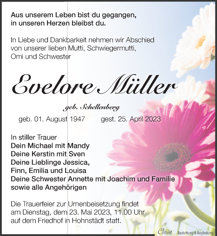  Traueranzeige für Evelore Müller vom 06.05.2023 aus Leipziger Volkszeitung