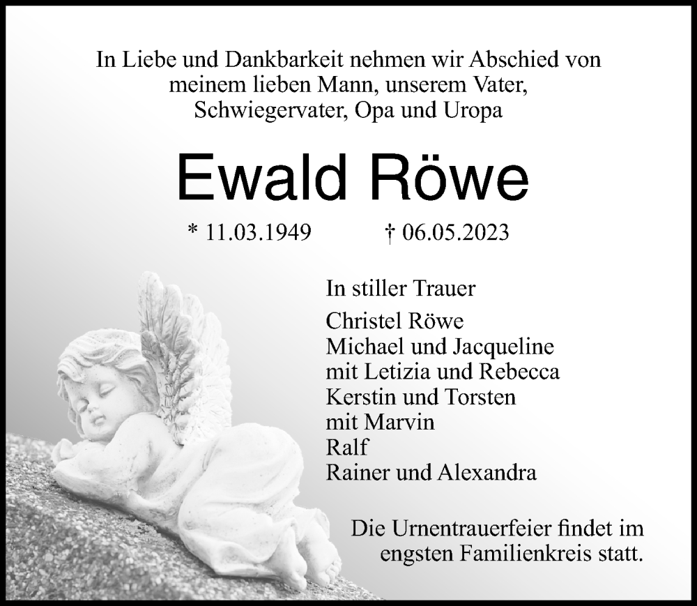  Traueranzeige für Ewald Röwe vom 14.05.2023 aus Lübecker Nachrichten