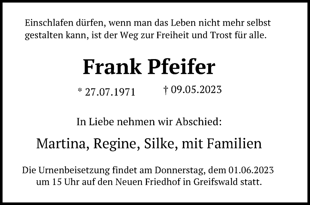  Traueranzeige für Frank Pfeifer vom 26.05.2023 aus Ostsee-Zeitung GmbH