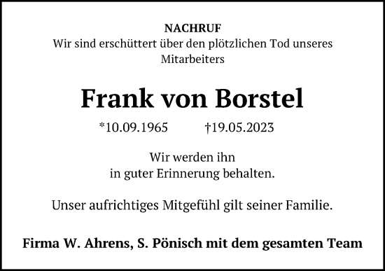 Traueranzeige von Frank von Borstel von Kieler Nachrichten