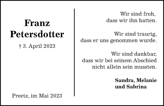 Traueranzeige von Franz Petersdotter von Kieler Nachrichten