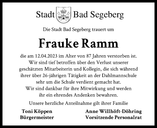 Traueranzeige von Frauke Ramm von Kieler Nachrichten