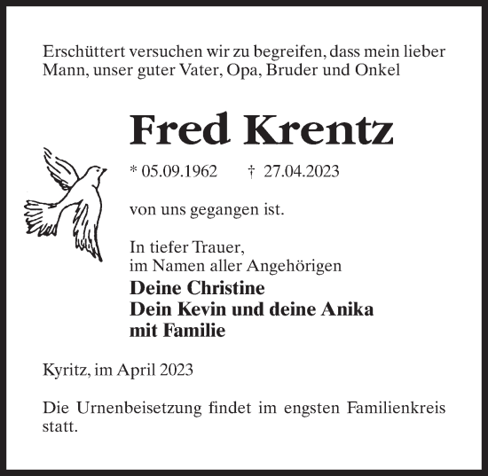 Traueranzeige von Fred Krentz von Märkischen Allgemeine Zeitung