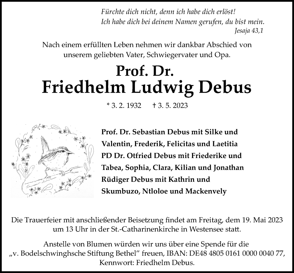 Traueranzeige für Friedhelm Ludwig Debus vom 13.05.2023 aus Kieler Nachrichten