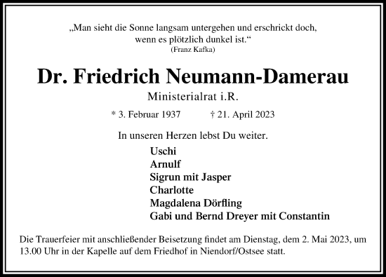 Traueranzeige von Friedrich Neumann-Damerau von Lübecker Nachrichten