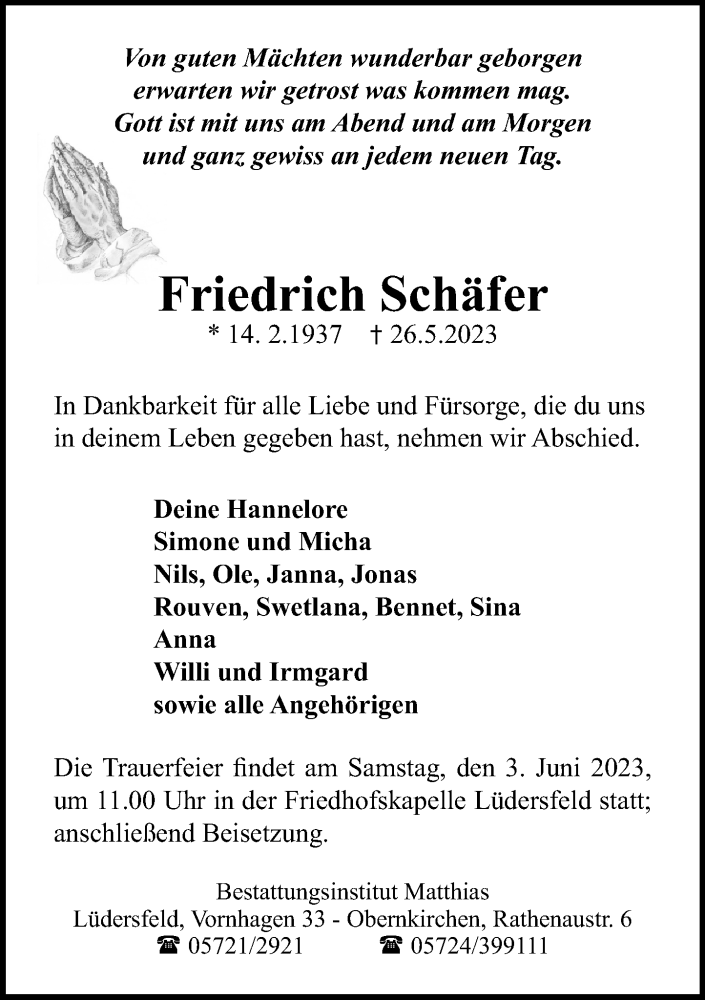  Traueranzeige für Friedrich Schäfer vom 31.05.2023 aus Schaumburger Nachrichten