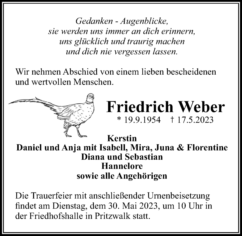  Traueranzeige für Friedrich Weber vom 24.05.2023 aus Märkischen Allgemeine Zeitung