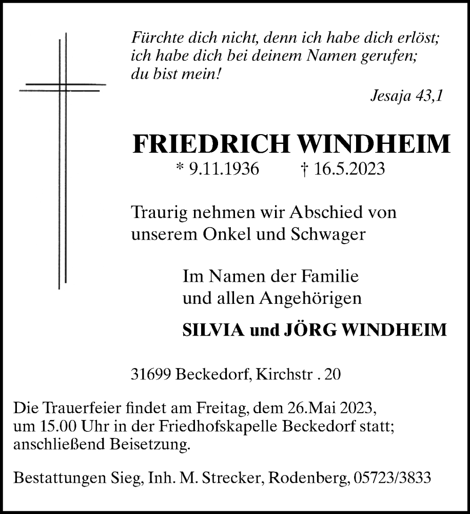  Traueranzeige für Friedrich Windheim vom 20.05.2023 aus Schaumburger Nachrichten