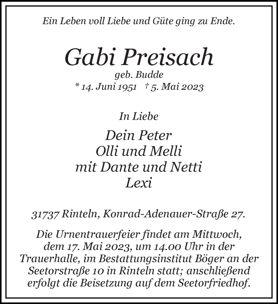  Traueranzeige für Gabi Preisach vom 13.05.2023 aus Schaumburger Nachrichten