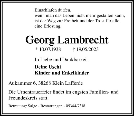 Traueranzeige von Georg Lambrecht von Peiner Allgemeine Zeitung