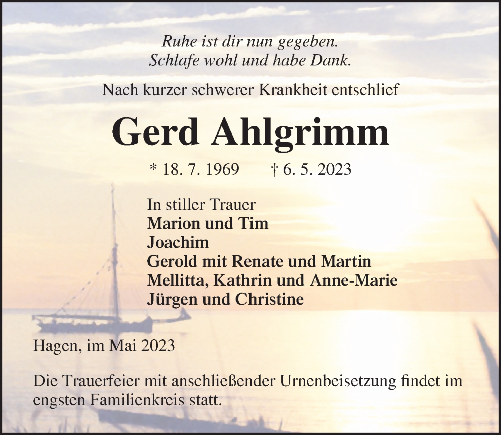  Traueranzeige für Gerd Ahlgrimm vom 20.05.2023 aus Ostsee-Zeitung GmbH