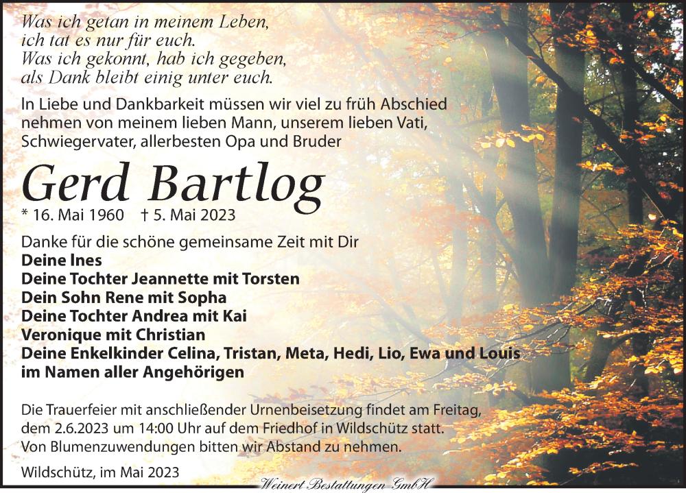  Traueranzeige für Gerd Bartlog vom 20.05.2023 aus Torgauer Zeitung