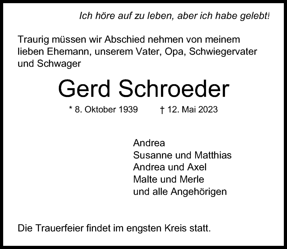  Traueranzeige für Gerd Schroeder vom 20.05.2023 aus Kieler Nachrichten