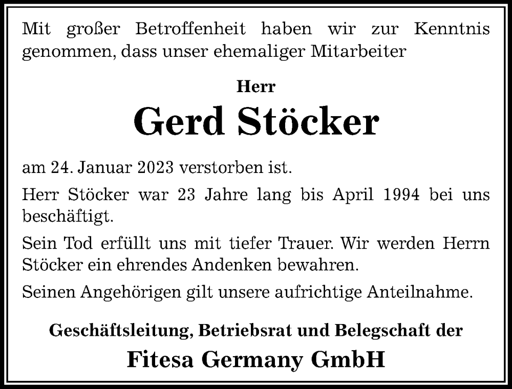  Traueranzeige für Gerd Stöcker vom 13.05.2023 aus Peiner Allgemeine Zeitung