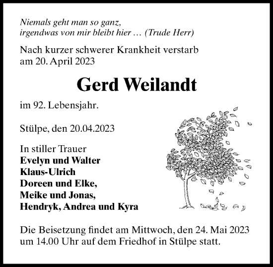 Traueranzeige von Gerd Weilandt von Märkischen Allgemeine Zeitung