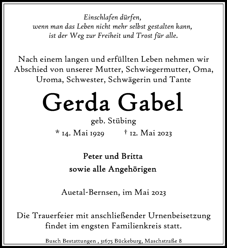  Traueranzeige für Gerda Gabel vom 20.05.2023 aus Schaumburger Nachrichten