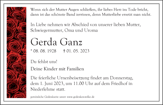 Traueranzeige von Gerda Ganz von Märkischen Allgemeine Zeitung