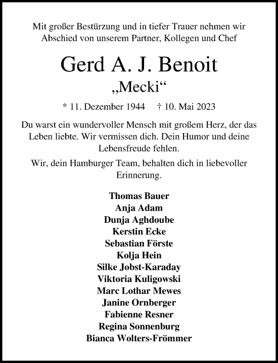 Traueranzeige von Gerd A. J. Benoit von Lübecker Nachrichten