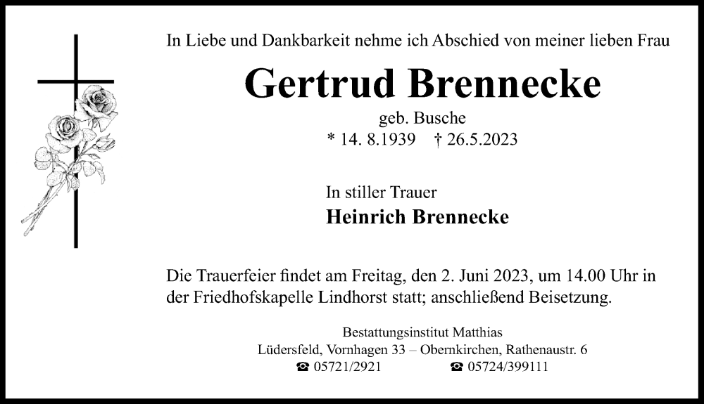  Traueranzeige für Gertrud Brennecke vom 31.05.2023 aus Schaumburger Nachrichten