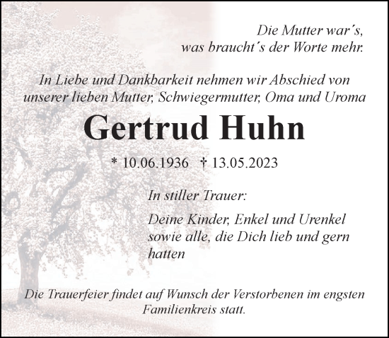 Traueranzeige von Gertrud Huhn von Ostsee-Zeitung GmbH