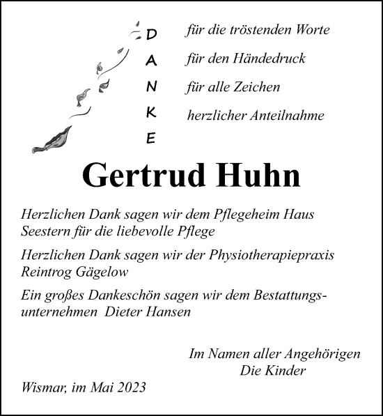 Traueranzeige von Gertrud Huhn von Ostsee-Zeitung GmbH