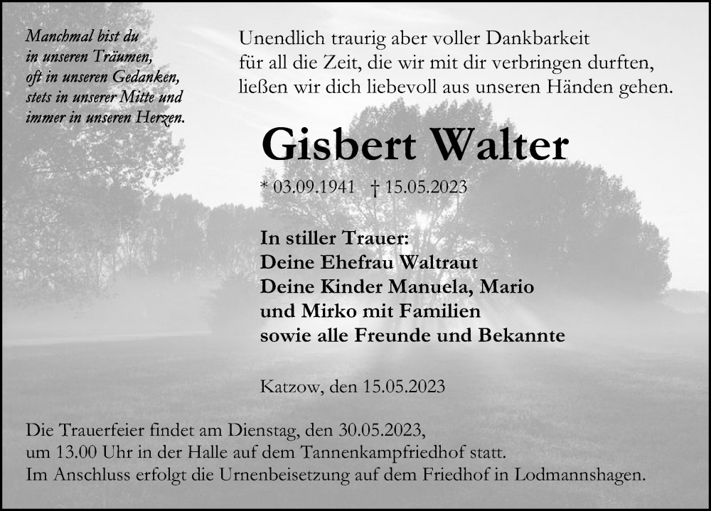  Traueranzeige für Gisbert Walter vom 20.05.2023 aus Ostsee-Zeitung GmbH