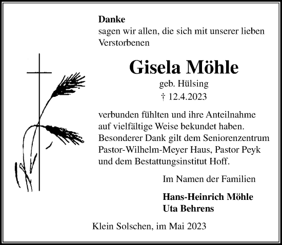 Traueranzeige von Gisela Möhle von Peiner Allgemeine Zeitung