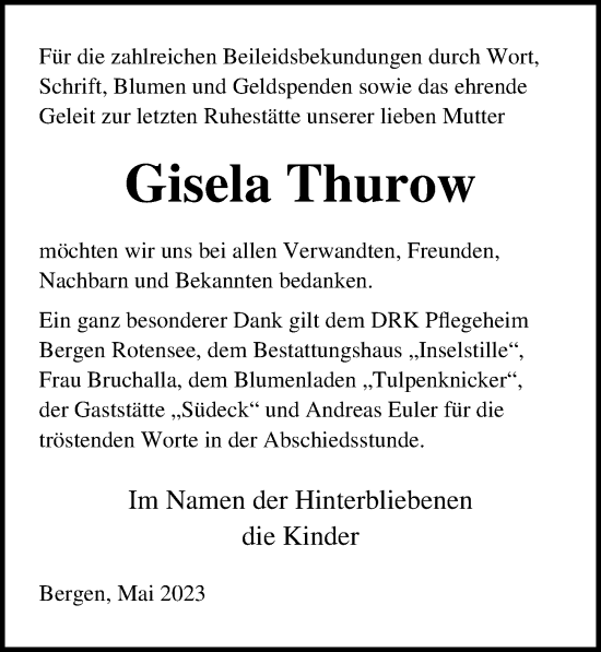Traueranzeige von Gisela Thurow von Ostsee-Zeitung GmbH