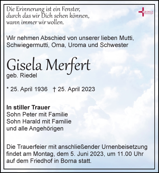 Traueranzeige von Gisela Merfert Riedel von Leipziger Volkszeitung