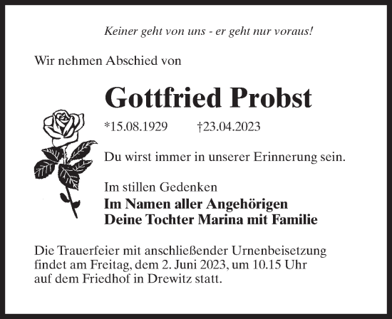 Traueranzeige von Gottfried Probst von Märkischen Allgemeine Zeitung