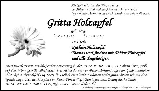 Traueranzeige von Gritta Holzapfel von Hannoversche Allgemeine Zeitung/Neue Presse