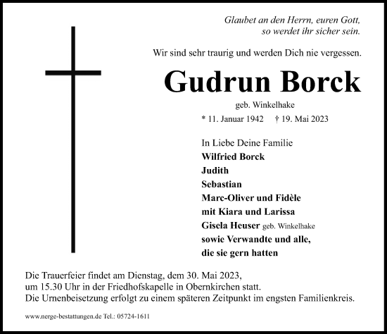 Traueranzeige von Gudrun Borck von Schaumburger Nachrichten