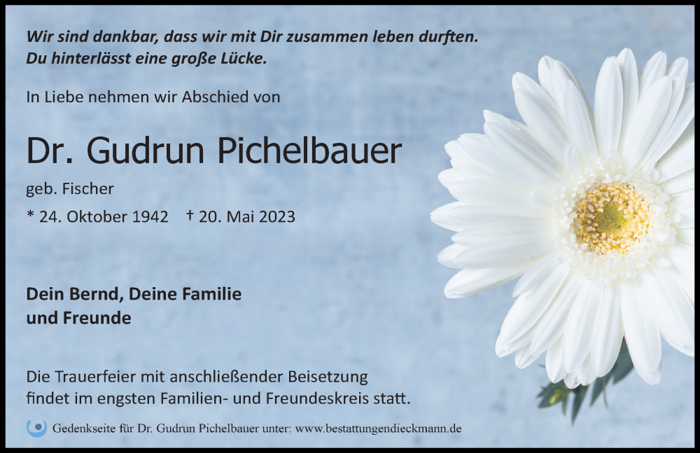  Traueranzeige für Gudrun Pichelbauer vom 27.05.2023 aus Märkischen Allgemeine Zeitung
