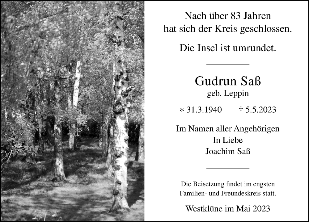  Traueranzeige für Gudrun Saß vom 23.05.2023 aus Ostsee-Zeitung GmbH