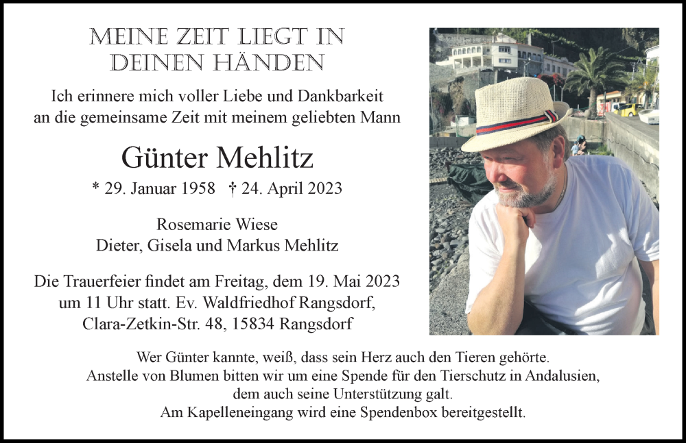  Traueranzeige für Günter Mehlitz vom 13.05.2023 aus Märkischen Allgemeine Zeitung