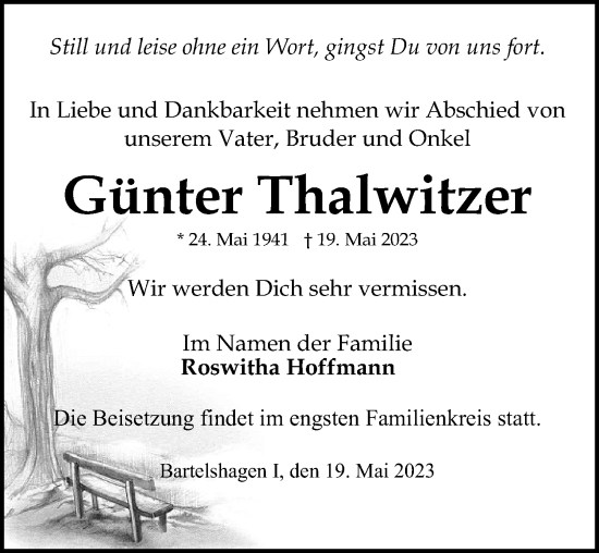 Traueranzeige von Günter Thalwitzer von Ostsee-Zeitung GmbH